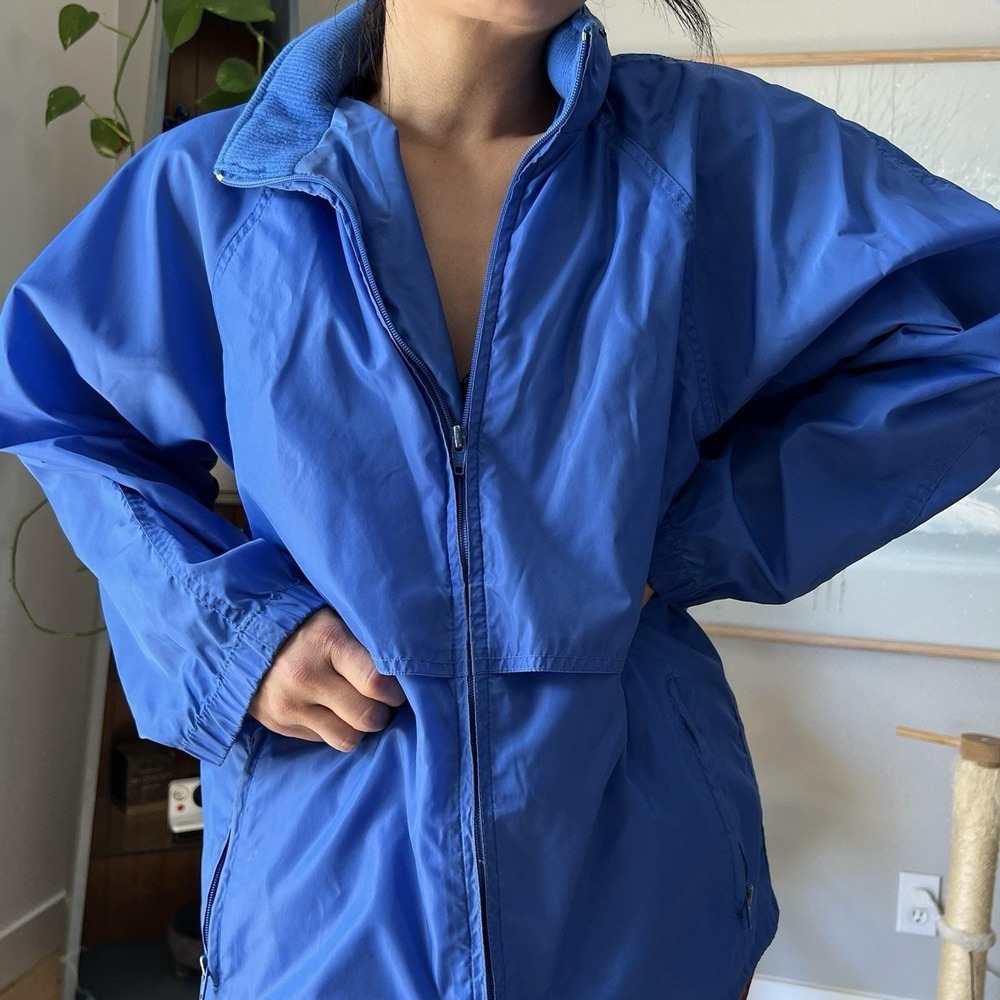 Vintage Eddie Bauer Rain Jacket Blue Zip Hood Windbreaker Womens M Outdoor